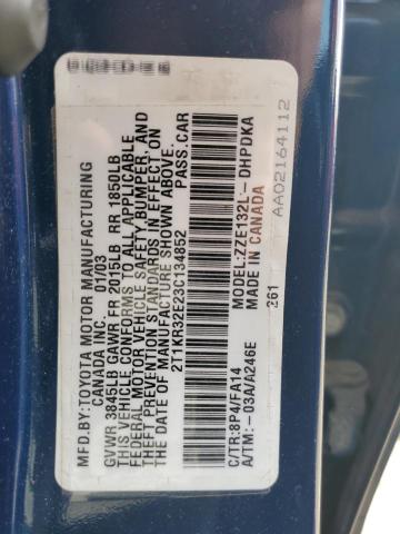 2T1KR32E23C134852 - 2003 TOYOTA COROLLA MA XR BLUE photo 12