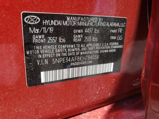 5NPE34AF8KH784036 - 2019 HYUNDAI SONATA LIMITED RED photo 10