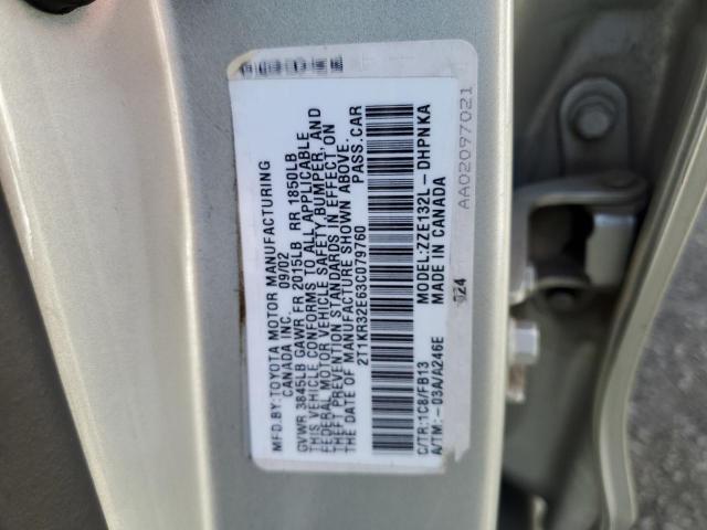 2T1KR32E63C079760 - 2003 TOYOTA COROLLA MA XR SILVER photo 12