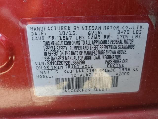 3N1CE2CP2GL366299 - 2016 NISSAN VERSA NOTE S RED photo 12
