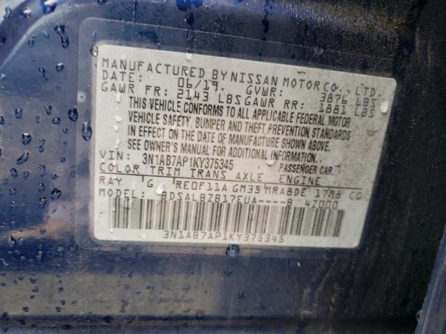 3N1AB7AP1KY375345 - 2019 NISSAN SENTRA S BLUE photo 12