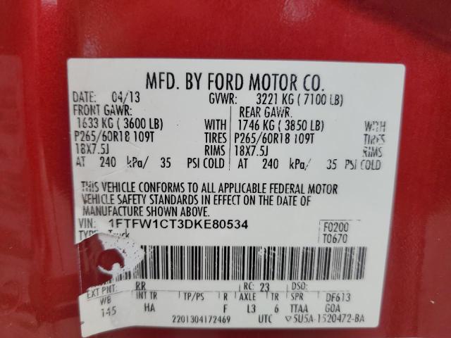 1FTFW1CT3DKE80534 - 2013 FORD F150 SUPERCREW RED photo 12