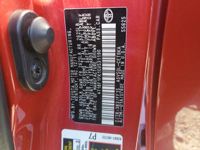 4T1BF1FK1CU531190 - 2012 TOYOTA CAMRY BASE RED photo 12