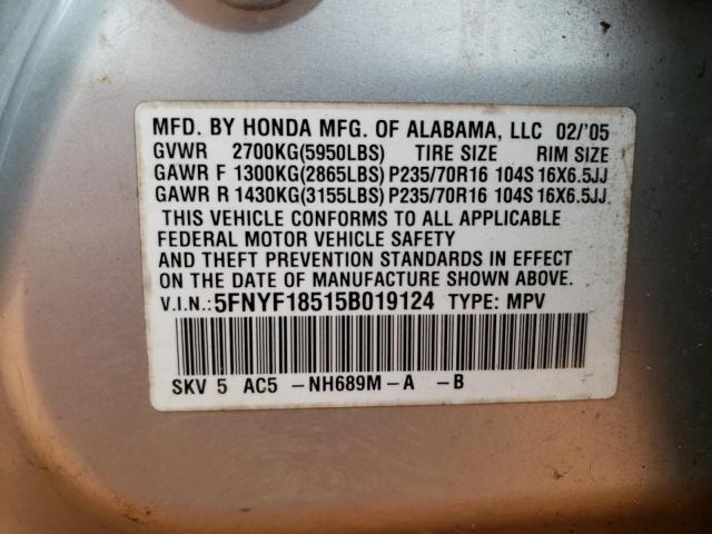 5FNYF18515B019124 - 2005 HONDA PILOT EXL SILVER photo 13