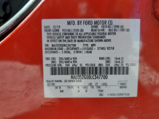 MAJ3S2GE0LC347700 - 2020 FORD ECOSPORT SE Rouge photo 12