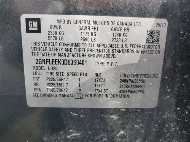 2GNFLEEK0D6360401 - 2013 CHEVROLET EQUINOX LT GRAY photo 13