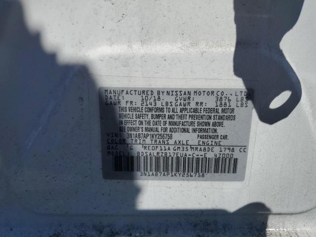 3N1AB7AP1KY256758 - 2019 NISSAN SENTRA S WHITE photo 13