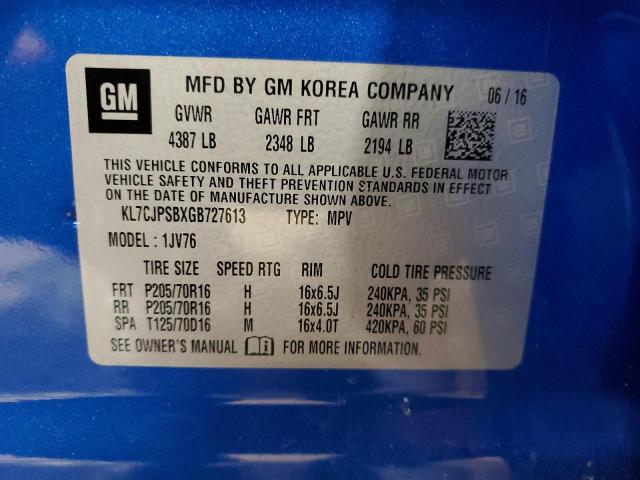 KL7CJPSBXGB727613 - 2016 CHEVROLET TRAX 1LT BLUE photo 13