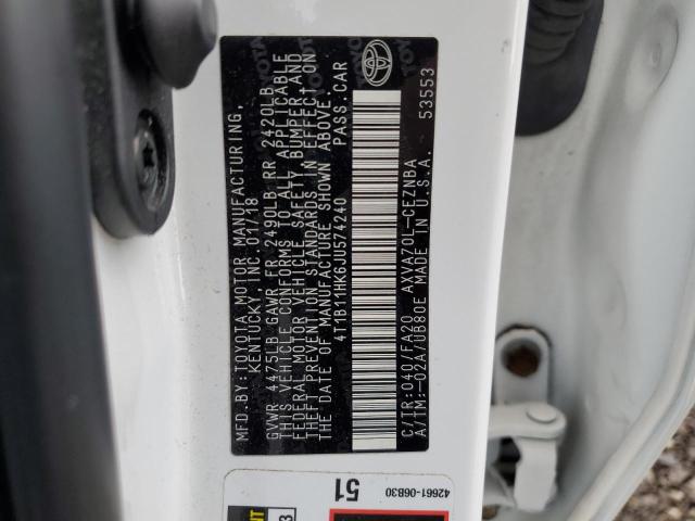 4T1B11HK6JU574240 - 2018 TOYOTA CAMRY L WHITE photo 12