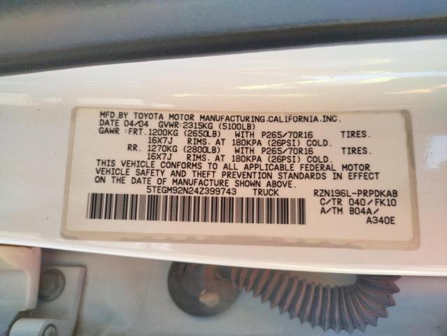 5TEGM92N24Z399743 - 2004 TOYOTA TACOMA DOUBLE CAB PRERUNNER WHITE photo 12