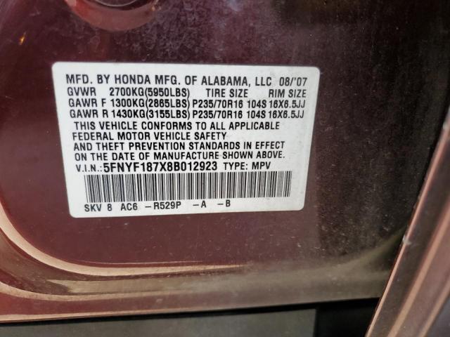 5FNYF187X8B012923 - 2008 HONDA PILOT EXL BURGUNDY photo 13