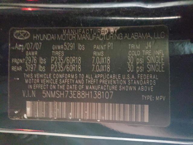 5NMSH73E88H138107 - 2008 HYUNDAI SANTA FE SE BLACK photo 12