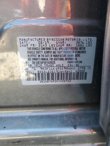 3N1AB7AP2KY408935 - 2019 NISSAN SENTRA S Сұр фото 12