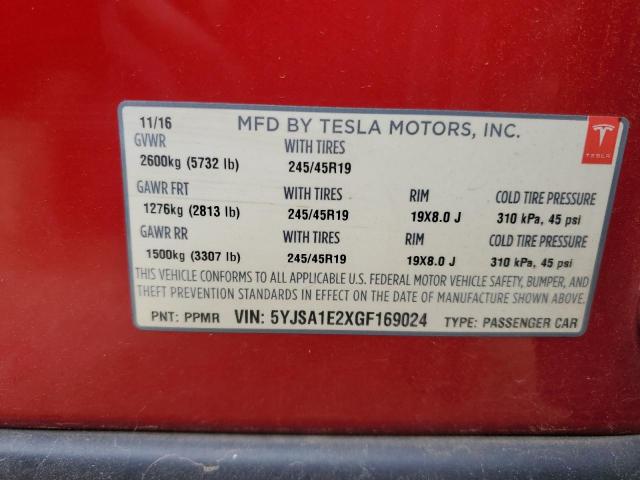5YJSA1E2XGF169024 - 2016 TESLA MODEL S 红色 照片 12