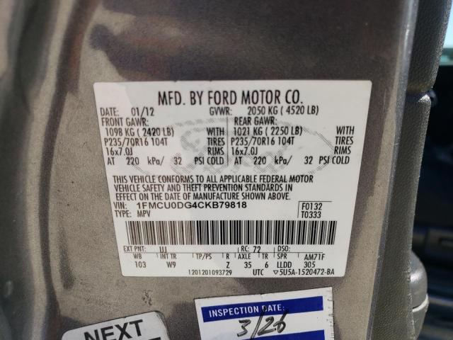 1FMCU0DG4CKB79818 - 2012 FORD ESCAPE XLT GRAY photo 12