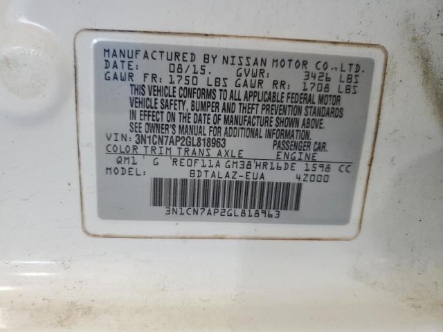 3N1CN7AP2GL818963 - 2016 NISSAN VERSA S WHITE photo 12