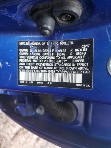 SHHFK7H71HU418089 - 2017 HONDA CIVIC EXL Mavi foto 12