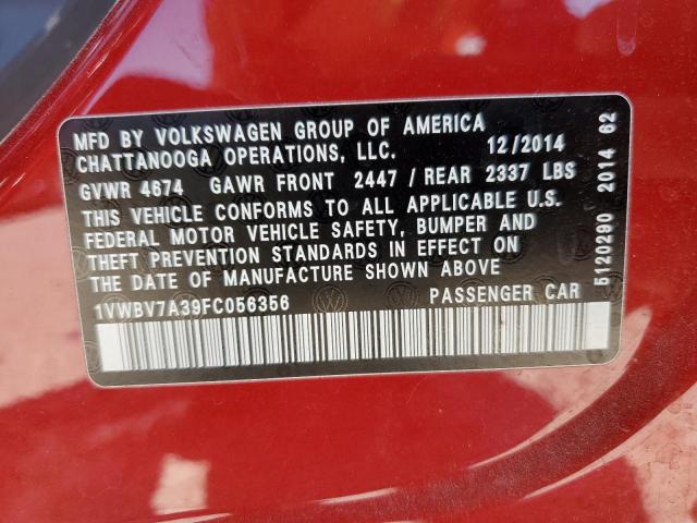 1VWBV7A39FC056356 - 2015 VOLKSWAGEN PASSAT SE RED photo 13