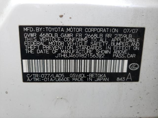 JTHBJ46G982156392 - 2008 LEXUS ES 350 WHITE photo 13