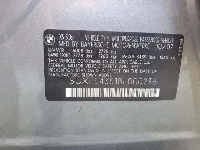 5UXFE43518L000236 - 2008 BMW X5 3.0I GRAY photo 12