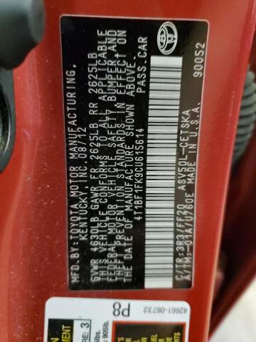 4T1BF1FK9CU615614 - 2012 TOYOTA CAMRY BASE RED photo 12