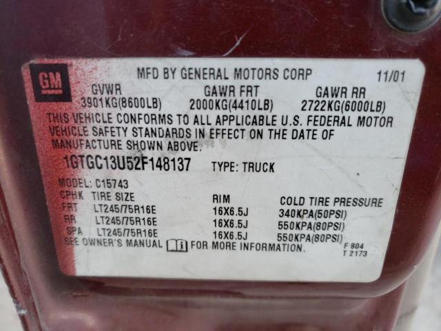 1GTGC13U52F148137 - 2002 GMC SIERRA C1500 HEAVY DUTY RED photo 12