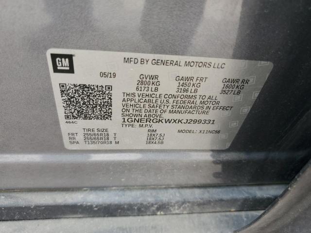 1GNERGKWXKJ299331 - 2019 CHEVROLET TRAVERSE LT GRAY photo 13