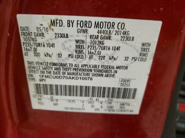 1FMCU0D70AKD10076 - 2010 FORD ESCAPE XLT RED photo 13