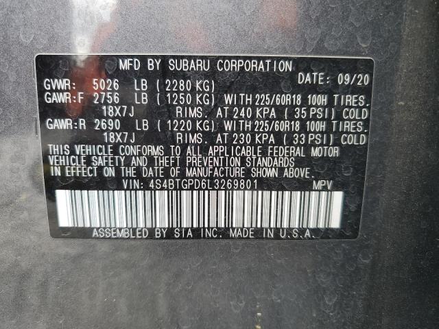 4S4BTGPD6L3269801 - 2020 SUBARU OUTBACK TOURING LDL ნაცრისფერი ფოტო 14
