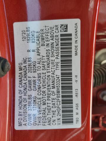 2HGFC2F85MH533247 - 2021 HONDA CIVIC SPORT 红色 照片 12