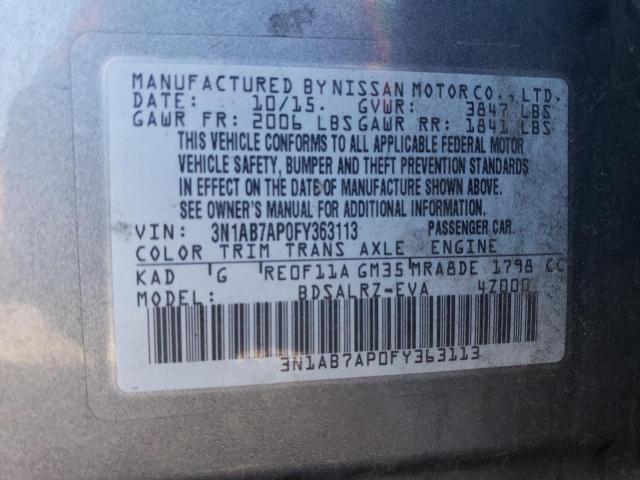 3N1AB7AP0FY363113 - 2015 NISSAN SENTRA S GRAY photo 12