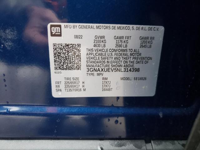 3GNAXUEV5NL314398 - 2022 CHEVROLET EQUINOX LT BLUE photo 13