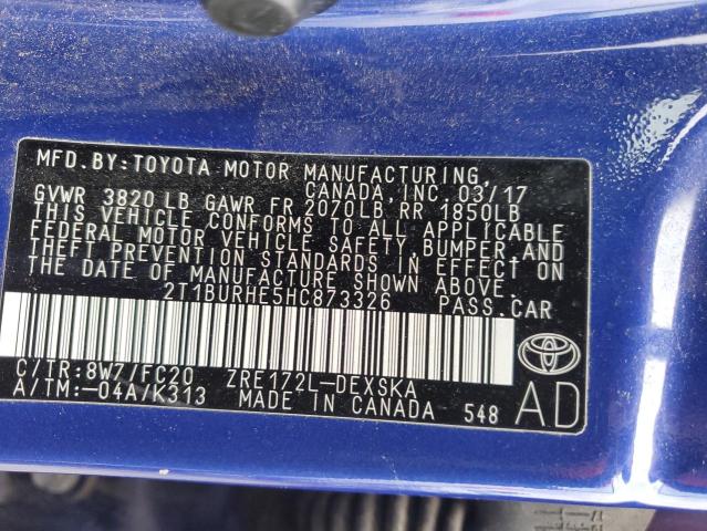 2T1BURHE5HC873326 - 2017 TOYOTA COROLLA L BLUE photo 12