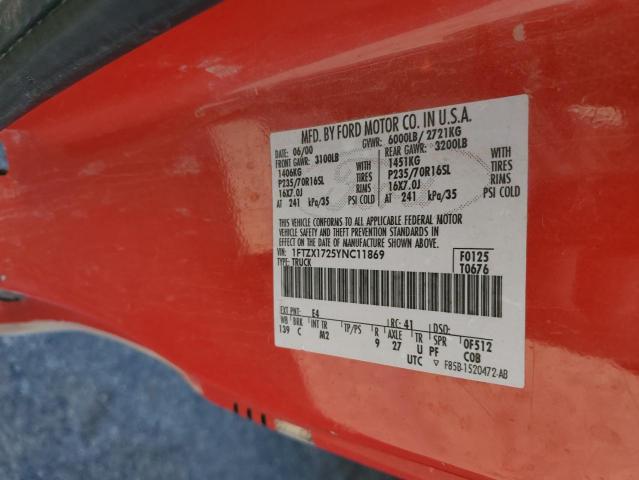 1FTZX1725YNC11869 - 2000 FORD F150 RED photo 12