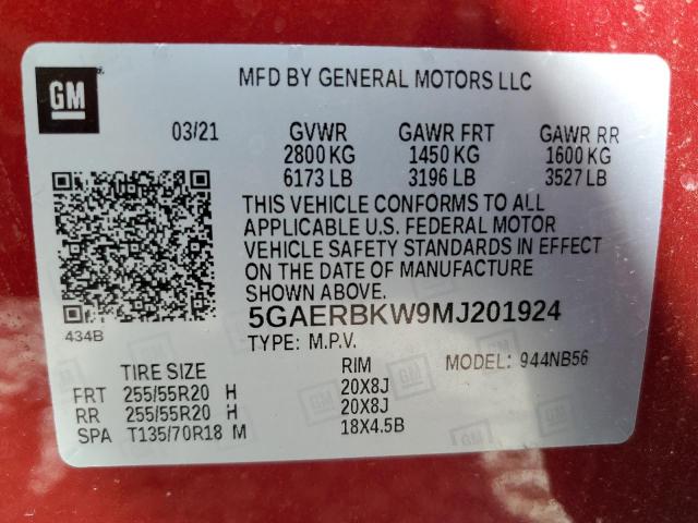 5GAERBKW9MJ201924 - 2021 BUICK ENCLAVE ESSENCE 红色 照片 14