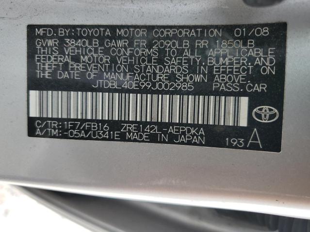 JTDBL40E99J002985 - 2009 TOYOTA COROLLA BASE SILVER photo 12