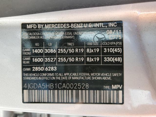 4JGDA5HB1CA002528 - 2012 MERCEDES-BENZ ML 350 4MATIC SILVER photo 13