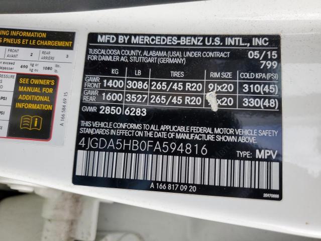 4JGDA5HB0FA594816 - 2015 MERCEDES-BENZ ML 350 4MATIC WHITE photo 13