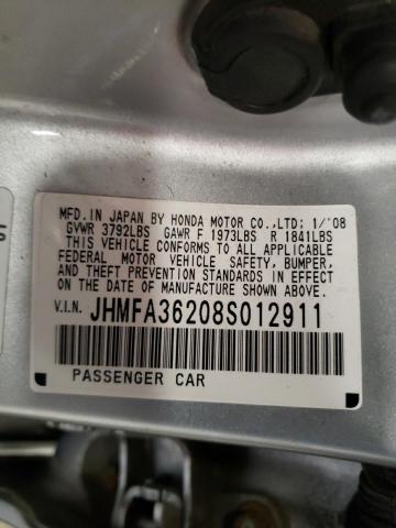 JHMFA36208S012911 - 2008 HONDA CIVIC HYBRID SILVER photo 12