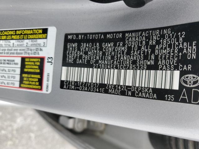 2T1BU4EE1CC785339 - 2012 TOYOTA COROLLA BASE SILVER photo 12