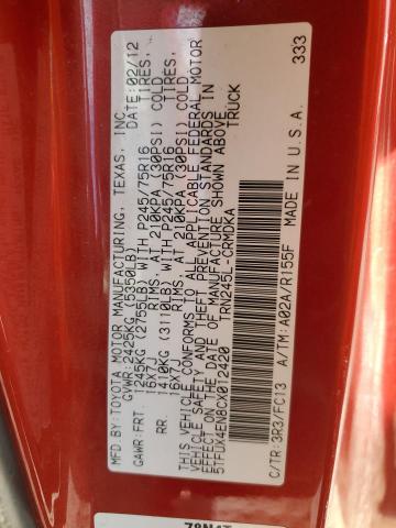 5TFUX4EN8CX012420 - 2012 TOYOTA TACOMA ACCESS CAB Қызыл фото 12