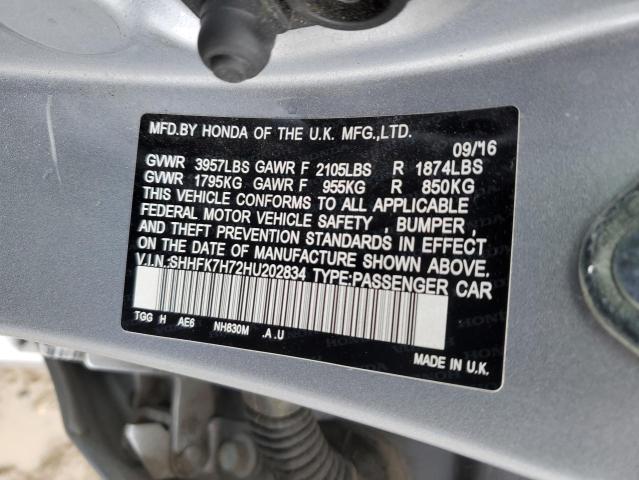 SHHFK7H72HU202834 - 2017 HONDA CIVIC EXL SILVER photo 12