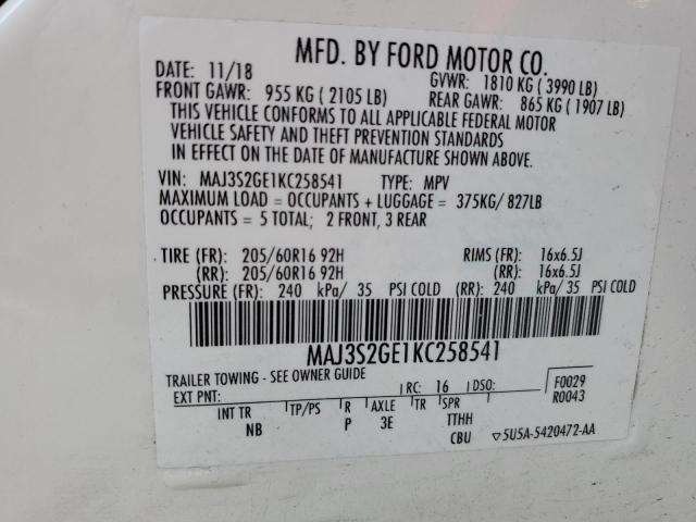 MAJ3S2GE1KC258541 - 2019 FORD ECOSPORT SE 白色 照片 14
