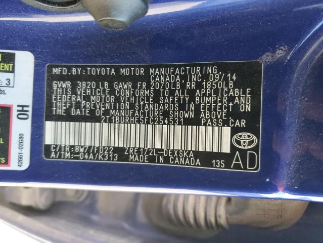 2T1BURHE5FC254531 - 2015 TOYOTA COROLLA L BLUE photo 12