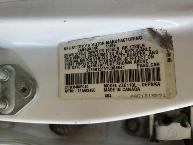 2T1BR12E9YC306841 - 2000 TOYOTA COROLLA VE WHITE photo 12