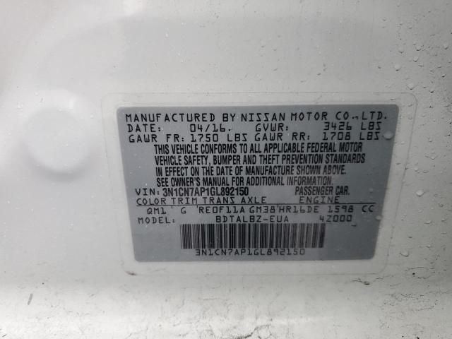 3N1CN7AP1GL892150 - 2016 NISSAN VERSA S WHITE photo 12