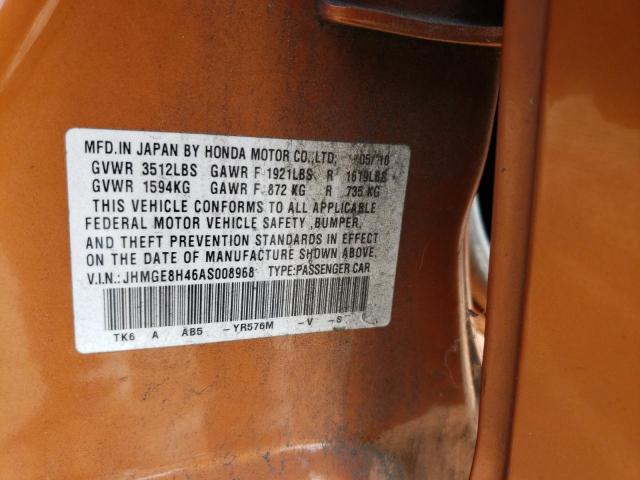 JHMGE8H46AS008968 - 2010 HONDA FIT SPORT ORANGE photo 12