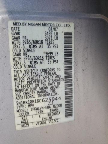 5N1BR18B18C625944 - 2008 NISSAN PATHFINDER LE 银色 照片 14