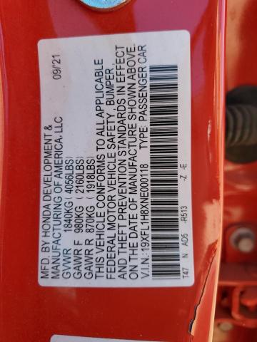 19XFL1H8XNE000118 - 2022 HONDA CIVIC SPORT TOURING RED photo 12