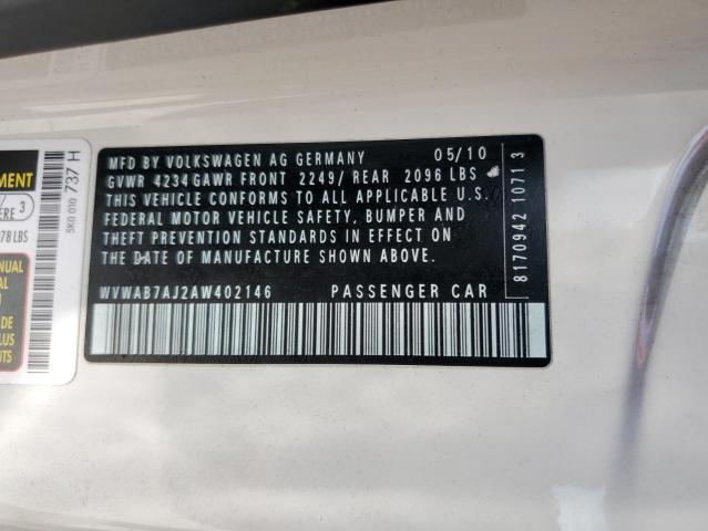 WVWAB7AJ2AW402146 - 2010 VOLKSWAGEN GOLF WHITE photo 12